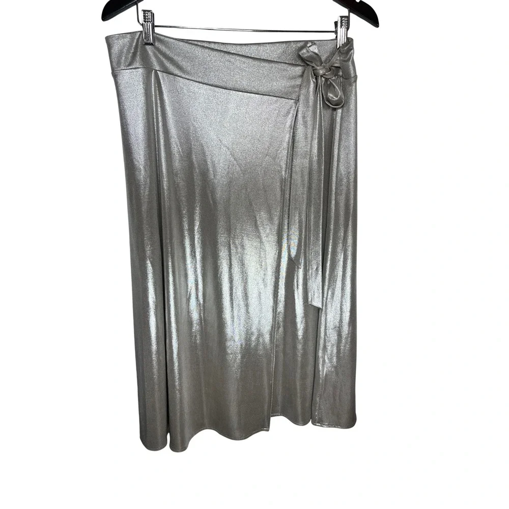 Zara Skirt Faux Wrap NWT Midi Large Silver Metallic Side Tie High Rise Glamorous